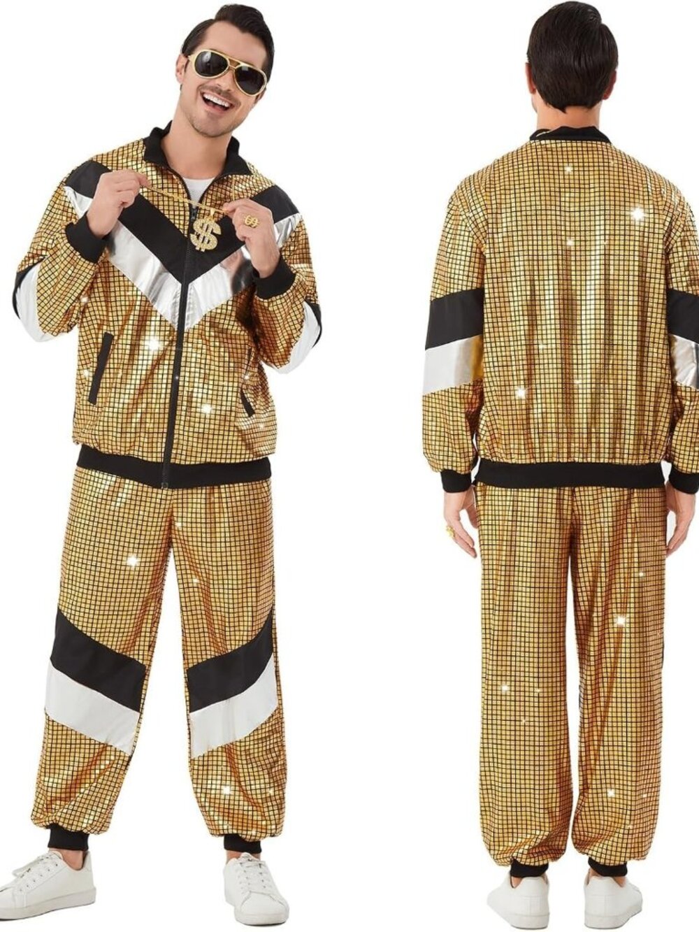 70s 80s 90s Disco Costume Men Women Retro Party Tracksuit Gold Cosplay Outfit XL
